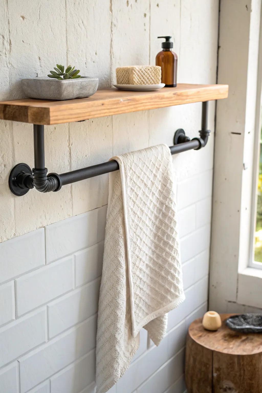 A sleek pipe shelf with a built-in towel bar—extra storage and drying space in one line.