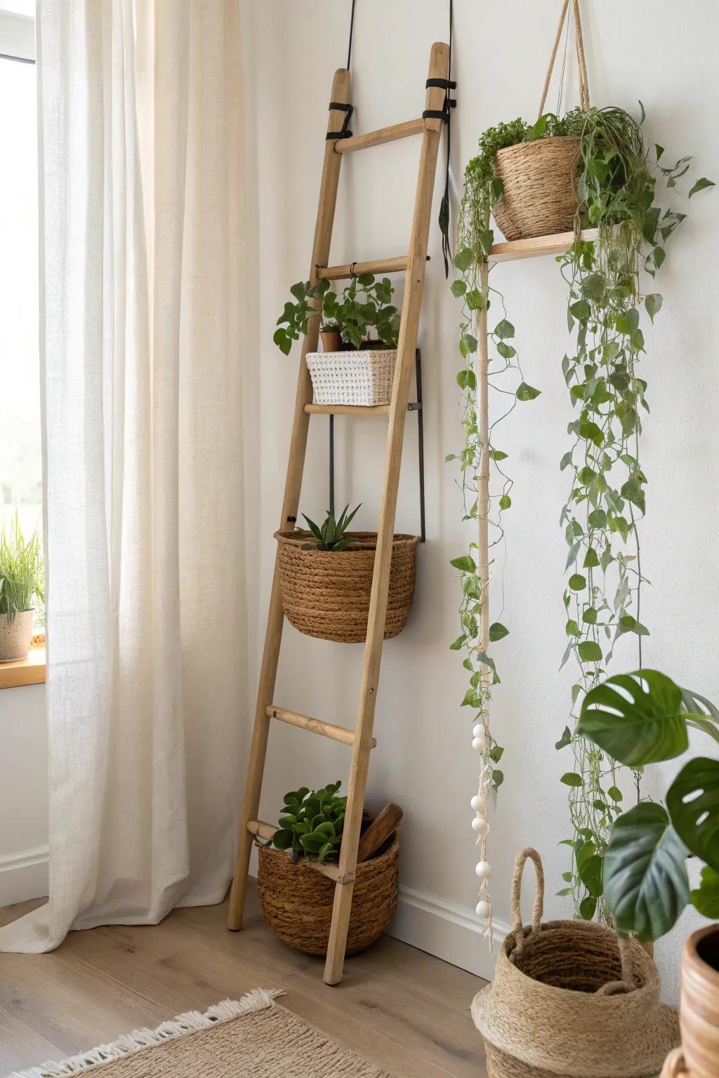 A hanging ladder plant rack turns vertical space into a calming, movable green gallery.