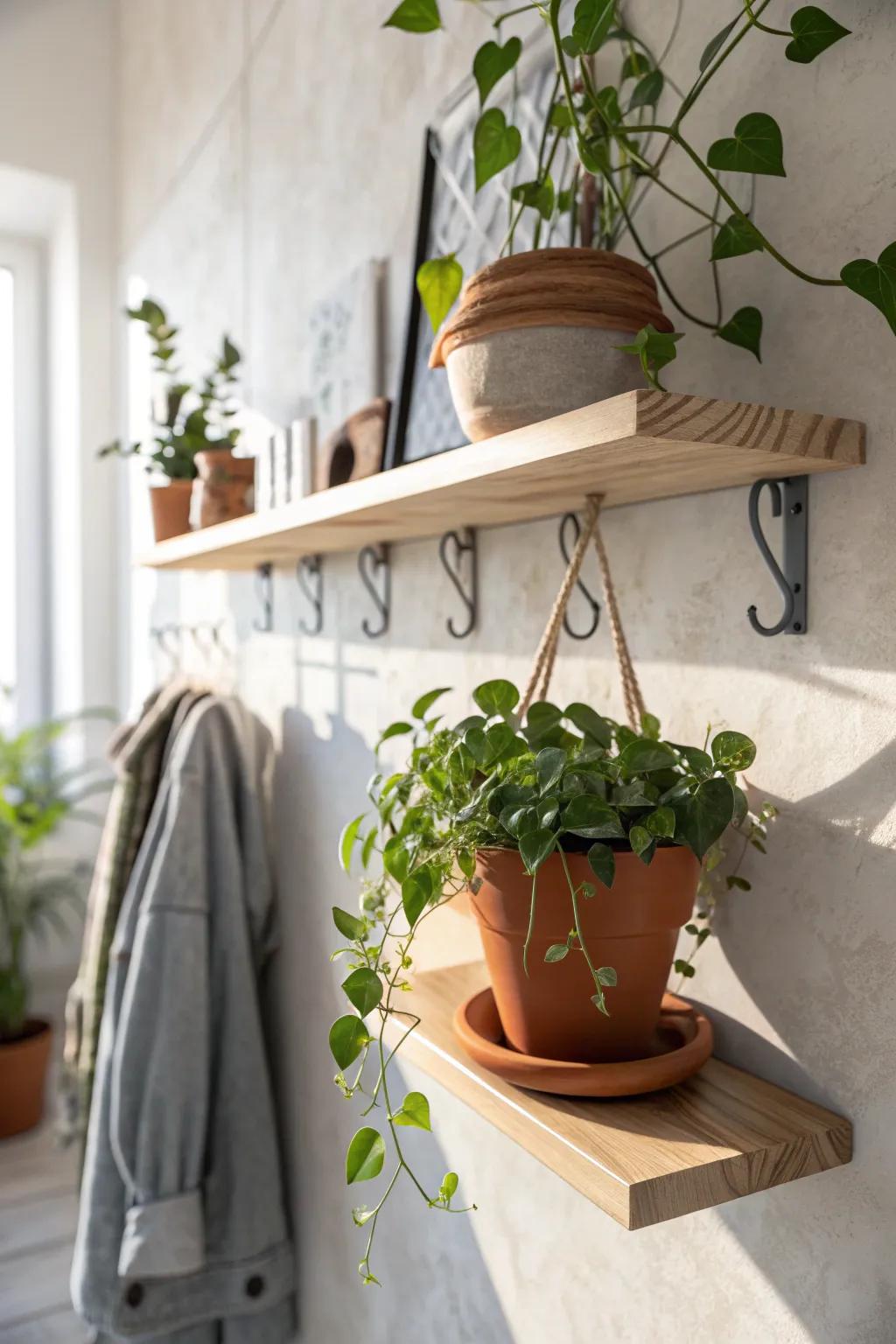 Turn one floating shelf into a living feature—train vines across the wall for instant wow.