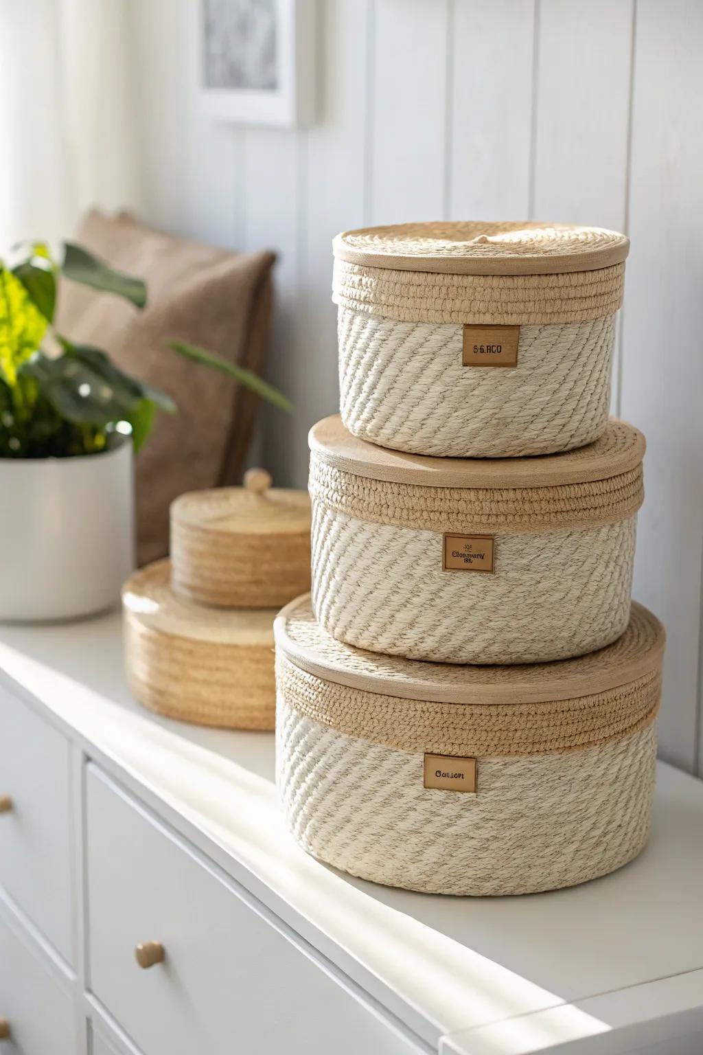 Toy rotation made pretty: woven-lid boxes on the top shelf for calm, clutter-free play.