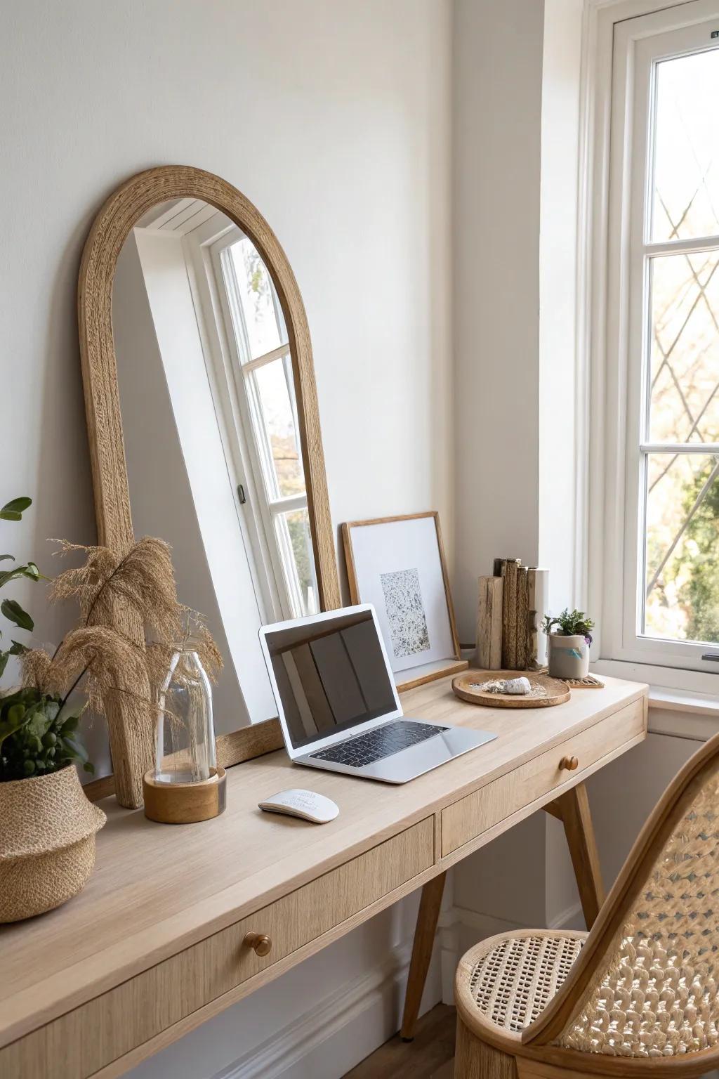A simple mirrored back panel bounces light around and instantly makes a pocket office feel bigger.
