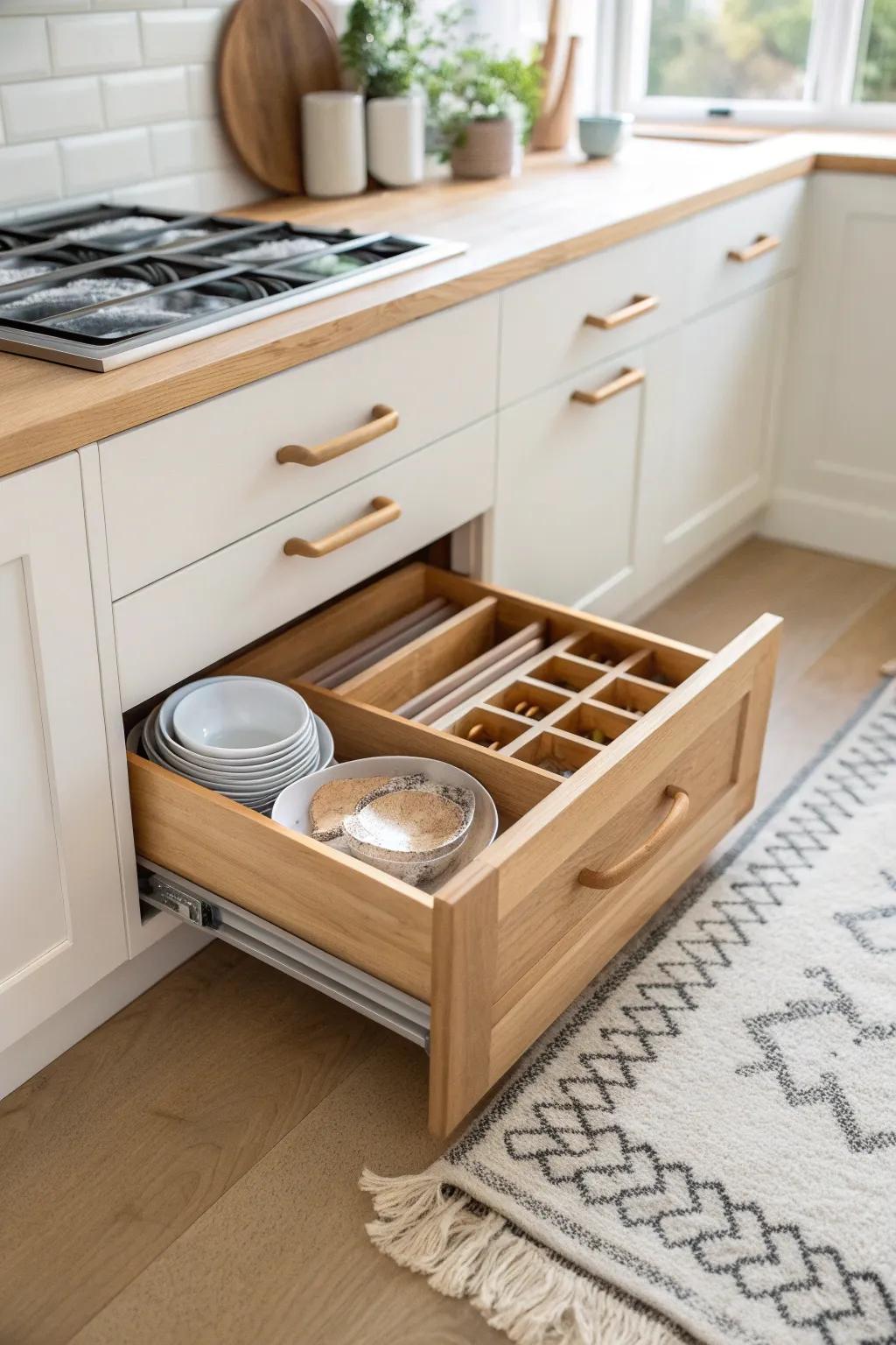 A hidden toe-kick drawer turns wasted space into sleek storage for flat pans and griddles.