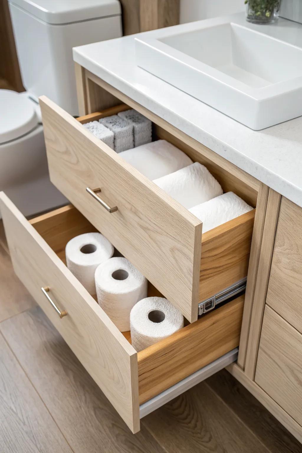 A sleek toe-kick drawer hides backup rolls under the vanity—secret storage, zero visual clutter.