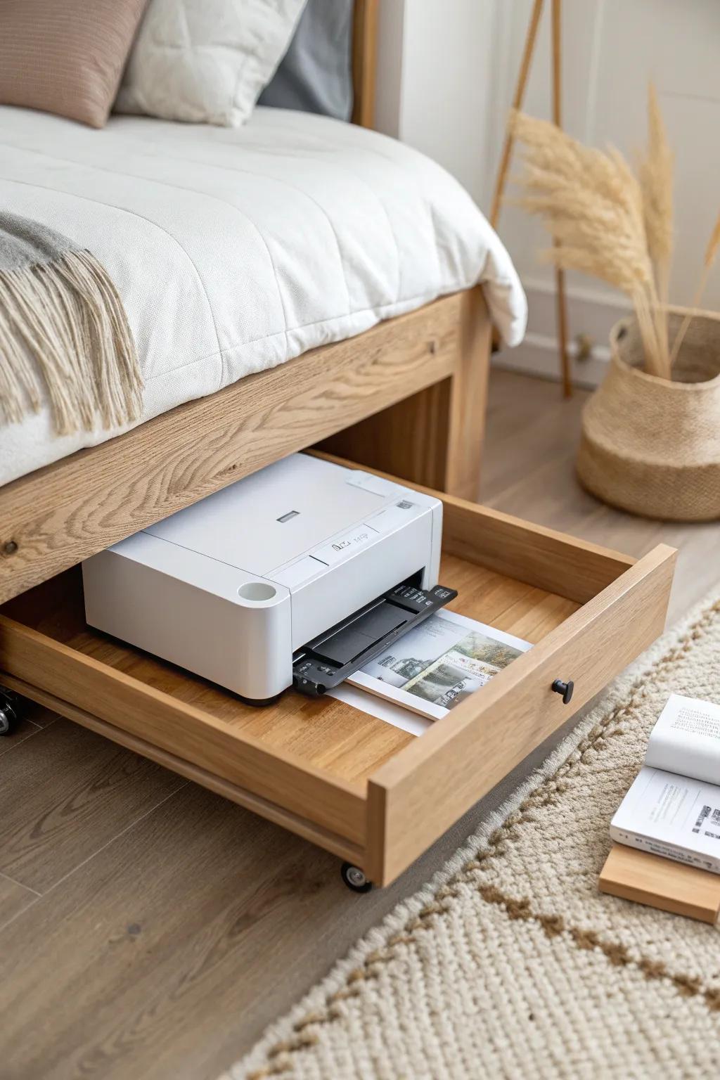 Tuck your printer away: a sleek under-bed rolling tray keeps it hidden, clean, and ready.