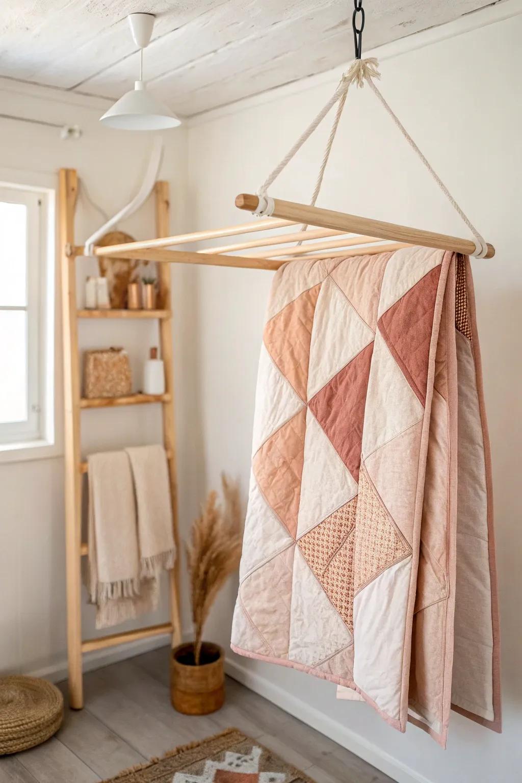 A ceiling-mounted drying rack turns quilt storage into airy, studio-like decor.