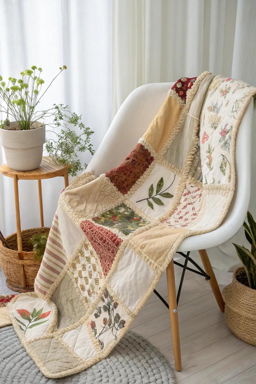 Transform fabric scraps into a cozy masterpiece with this stunning quilt, perfect for adding a touch of upcycled elegance to your home.