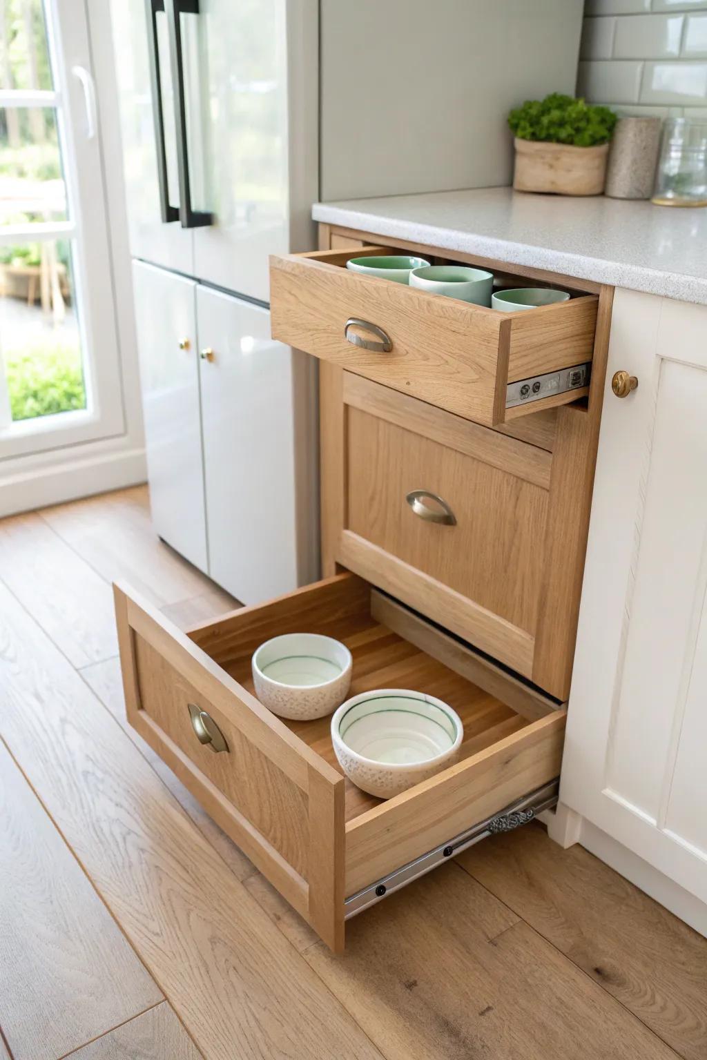 A pull-out pet feeding drawer beside the fridge—tidy bowls, hidden storage, zero trips.