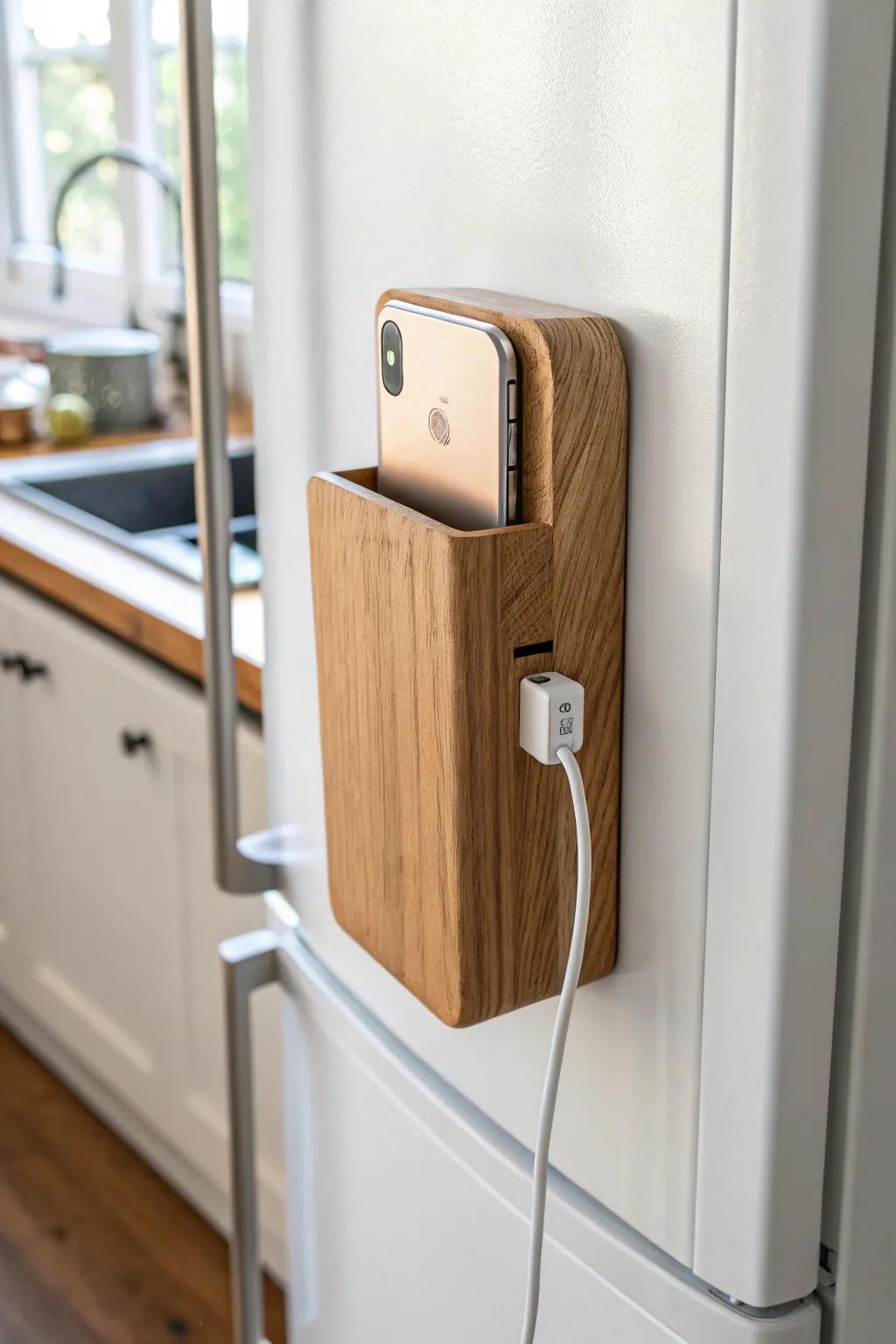 A hidden fridge-side charging box keeps devices off the table—tidy, warm, and minimal.
