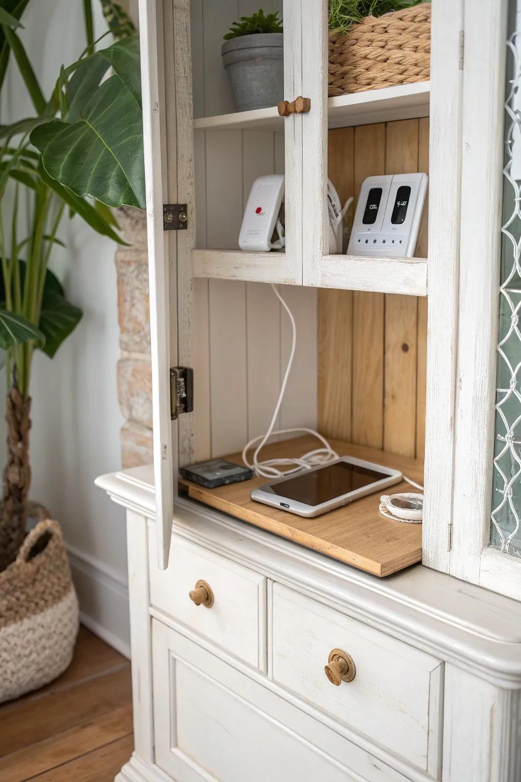 A china cabinet turned hidden charging station—tidy cords and a calm device drop zone.