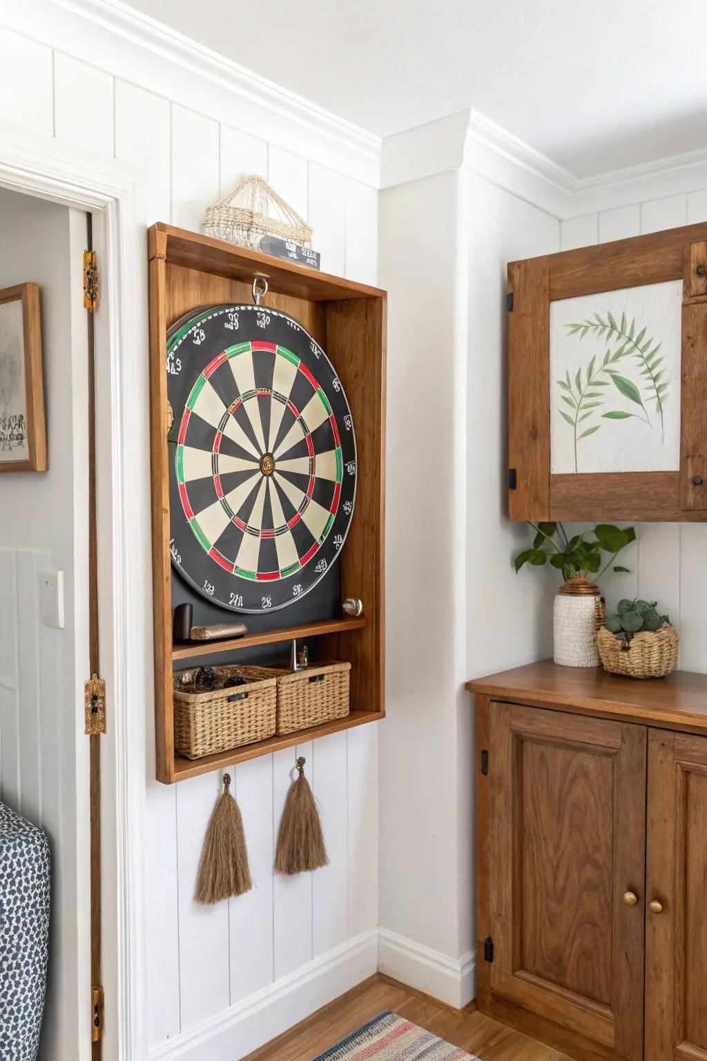 A tidy wall cabinet turns into a hidden dartboard—open for game night, closed for calm.