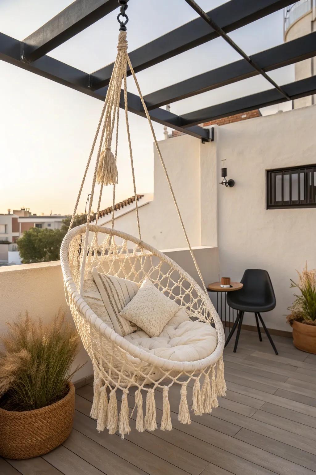 A floating rooftop reading nook: minimalist macramé hanging chair with warm, boho texture.