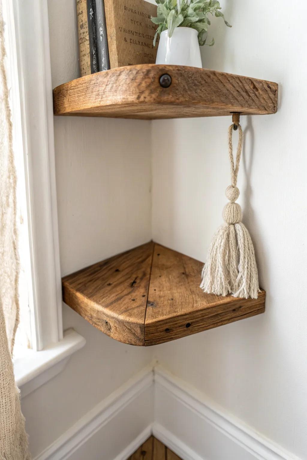 Chunky stair-tread corner shelf for a rustic, high-end look in the smallest spaces.