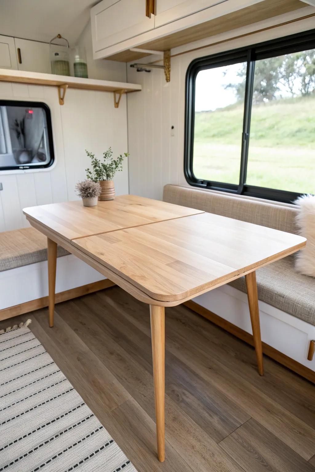 A clever RV dining table that splits into two mini tables—dine big, live small.