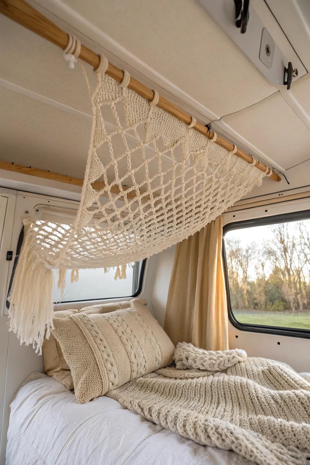 A ceiling cargo net keeps blankets and jackets handy—without stealing precious cabinet space.