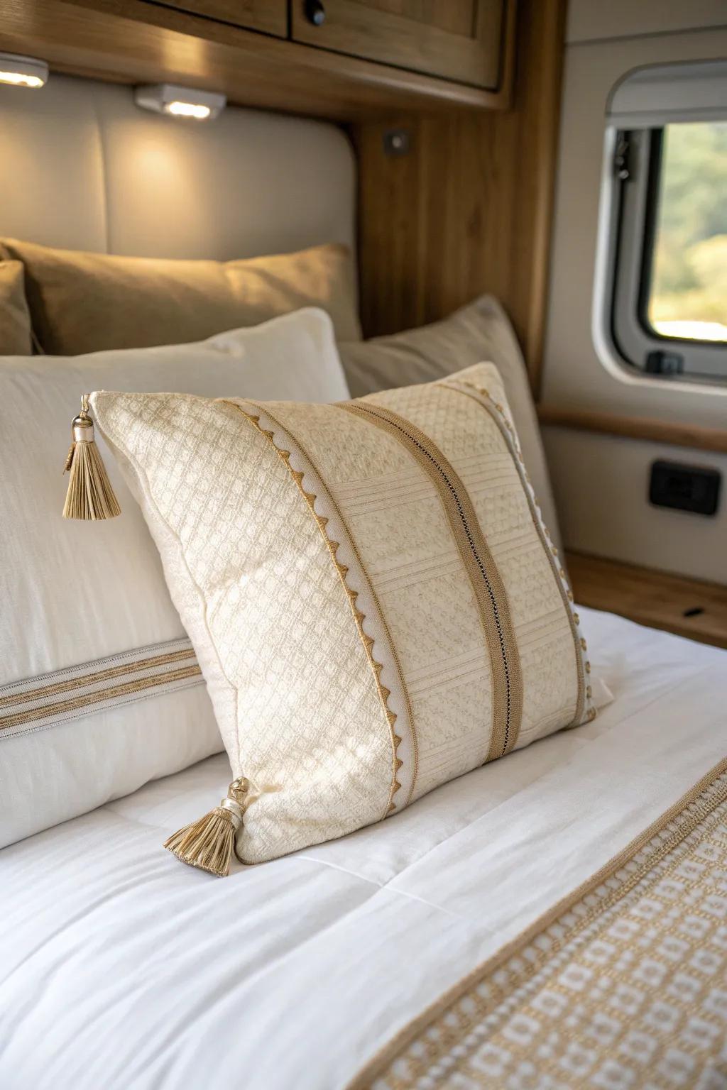 Hide spare sheets inside a zippered throw pillow—pretty, practical RV bedroom storage.