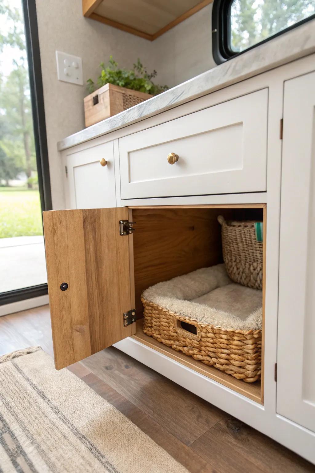 A hidden RV cabinet pet nook—linen bed, warm wood, and tidy storage in one cozy spot.