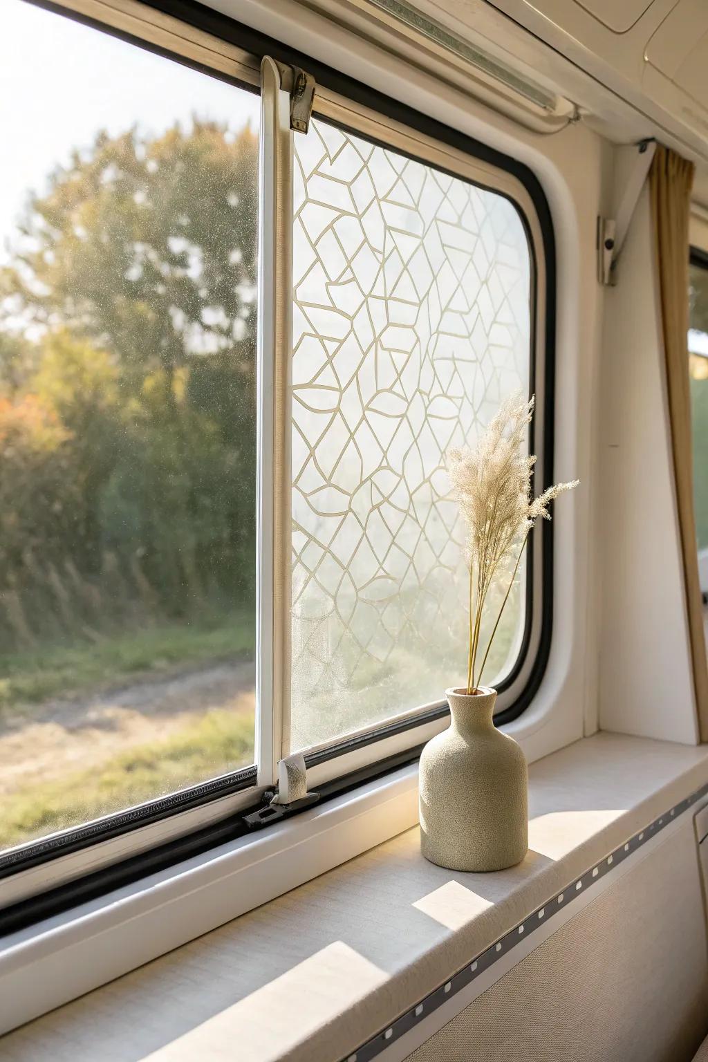 Frosted privacy film for RV bathroom windows—full coverage, soft light, clean minimalist look.