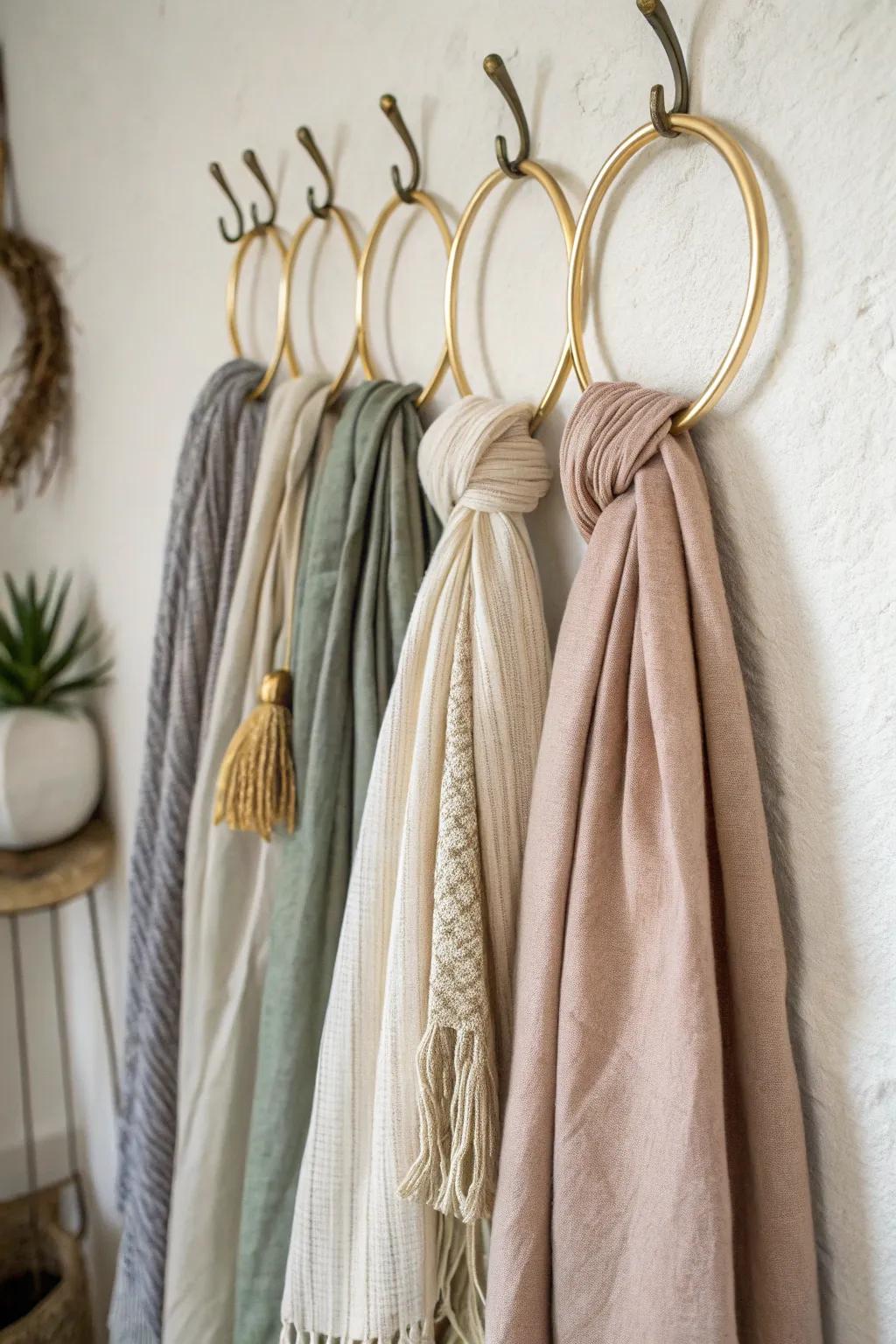 Binder rings turn scarves into a hanging “book” you can flip through—pretty and practical.