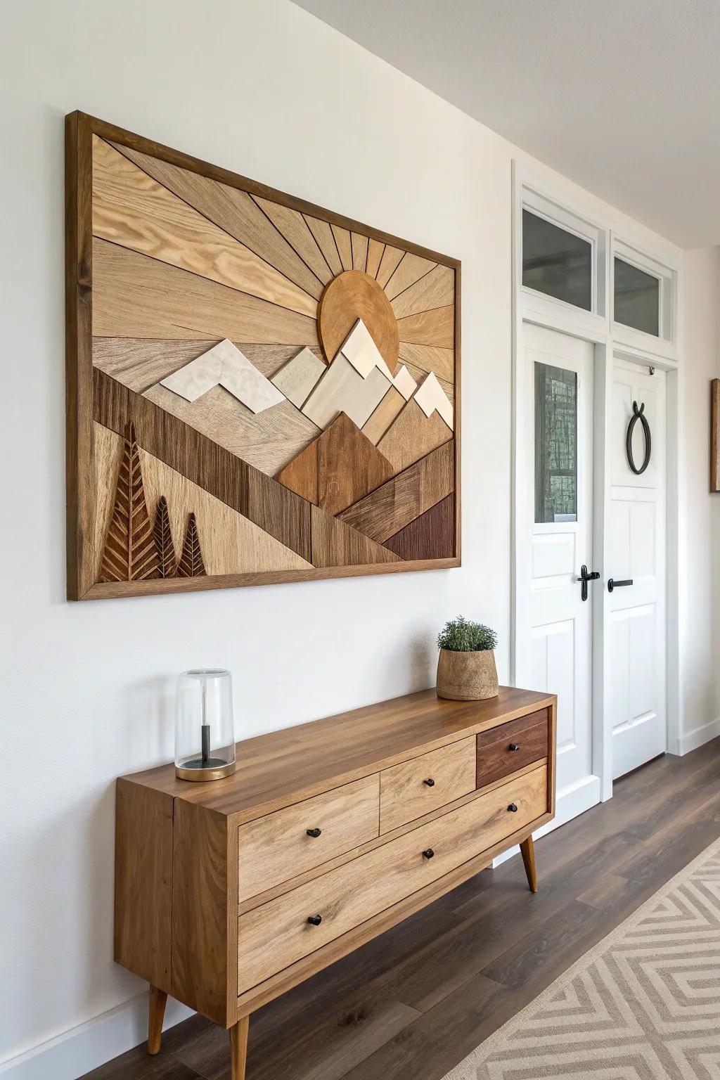 Scrap-wood landscape wall art with hidden hooks—pretty, minimalist, and entryway clutter-free.