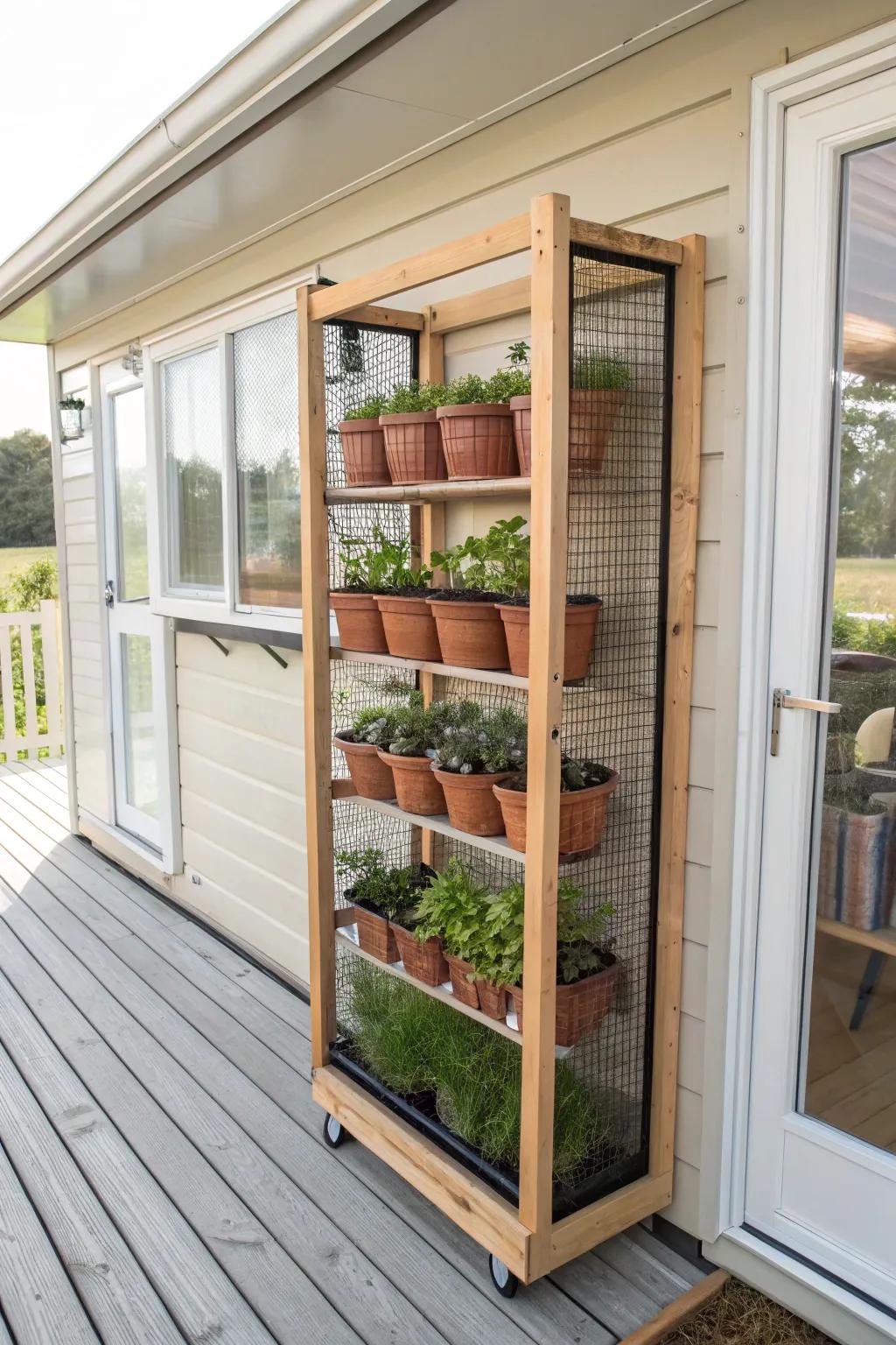 Turn a tiny porch into a lush retreat with a vertical screened mini greenhouse herb wall.