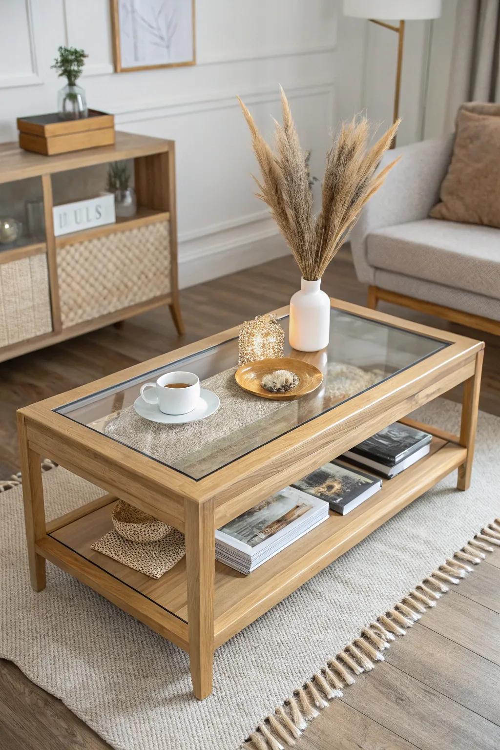 Warm-lit shadow box coffee table turns tiny living rooms into a cozy nighttime gallery.