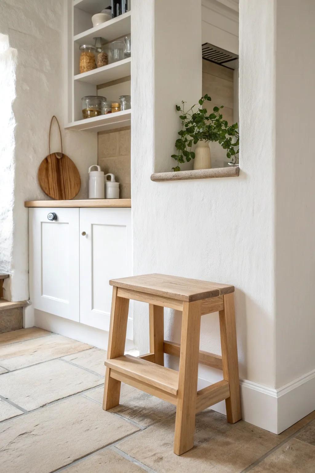 A tucked step stool makes a shallow wall pantry instantly more usable—no wobbly chair needed.