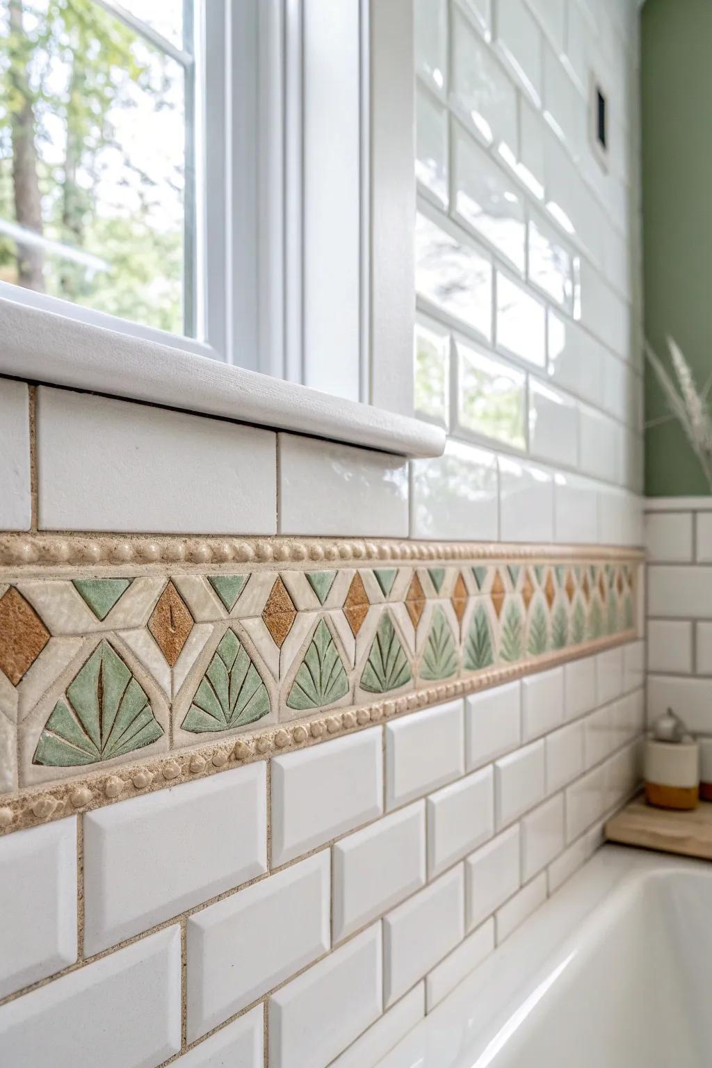 A playful tile border that subtly zones a shared bathroom—pretty, practical, and easy to follow.