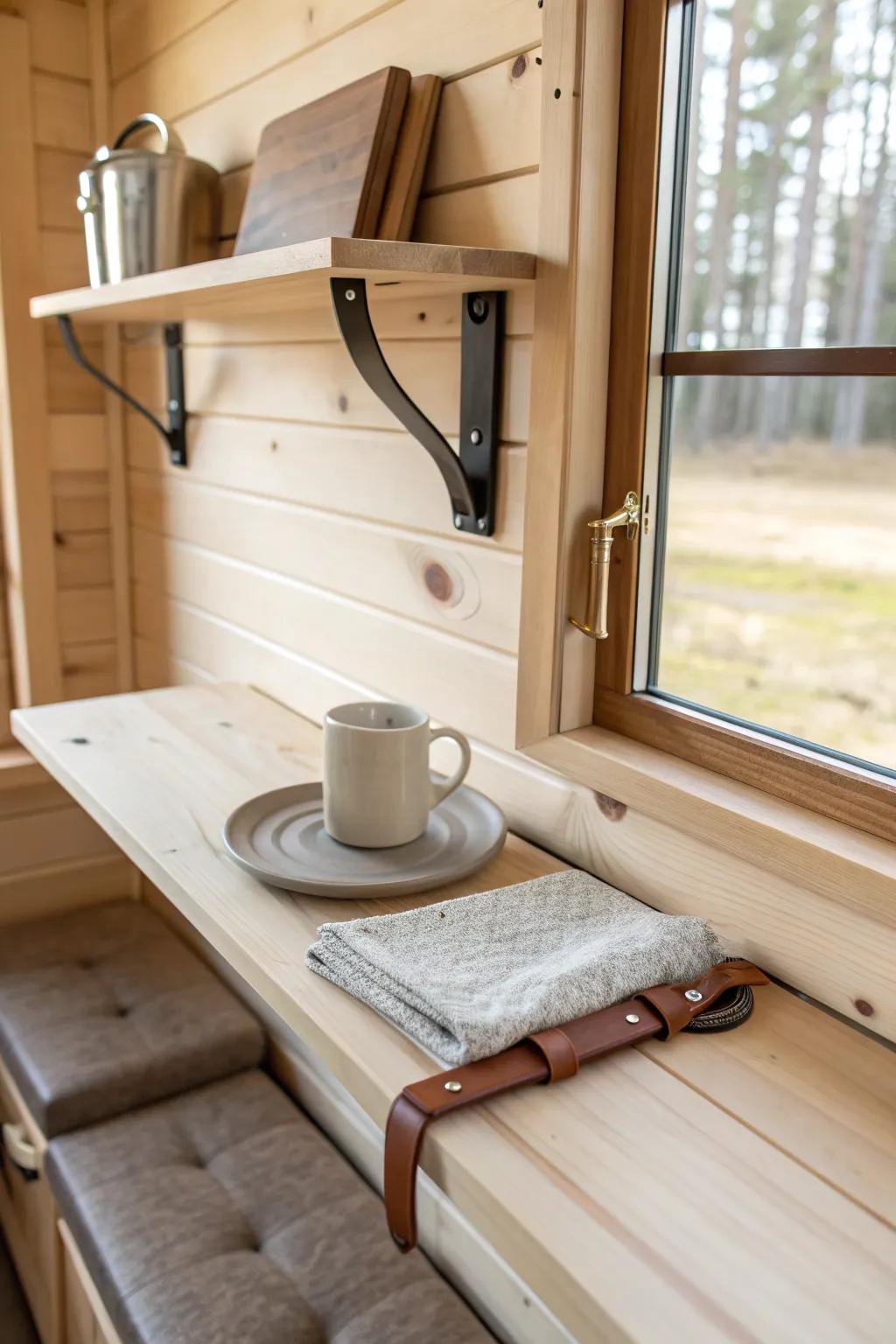 A fold-down dining ledge that turns any shed cabin wall into a cozy meal or work nook.