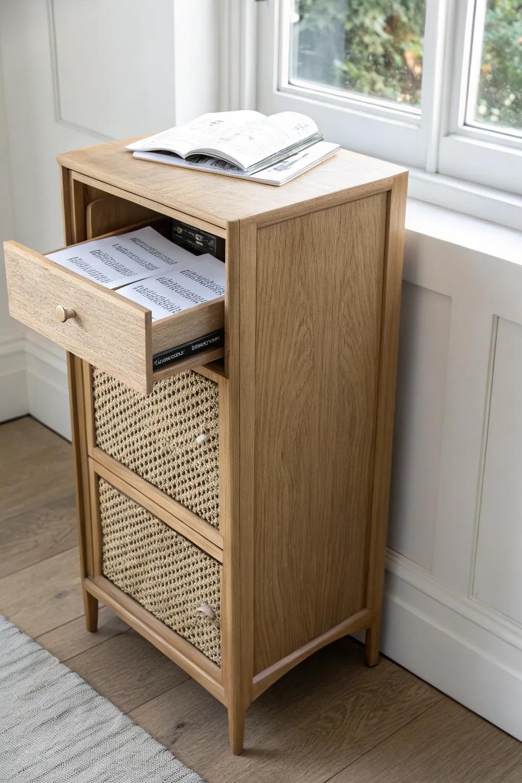 Slim pull‑out tray cabinet keeps sheet music flat, tidy, and easy to browse in small nooks.