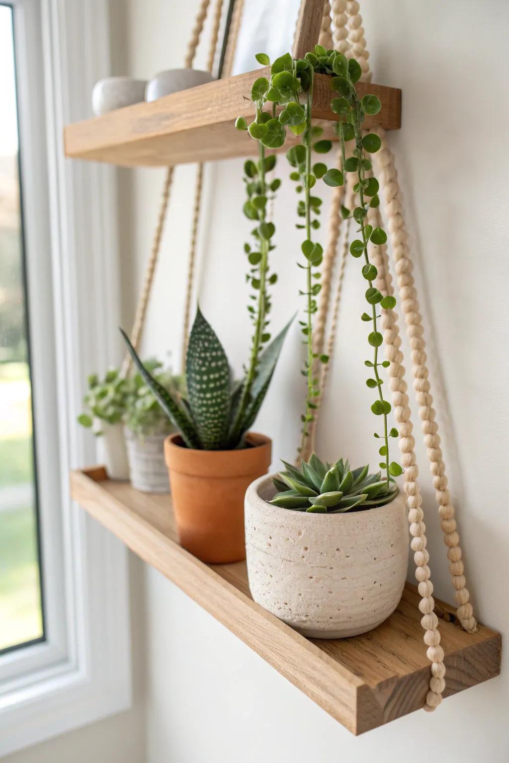 A plant-forward shelf wall: one oak ledge, trailing vines, and sculptural greens for instant depth.