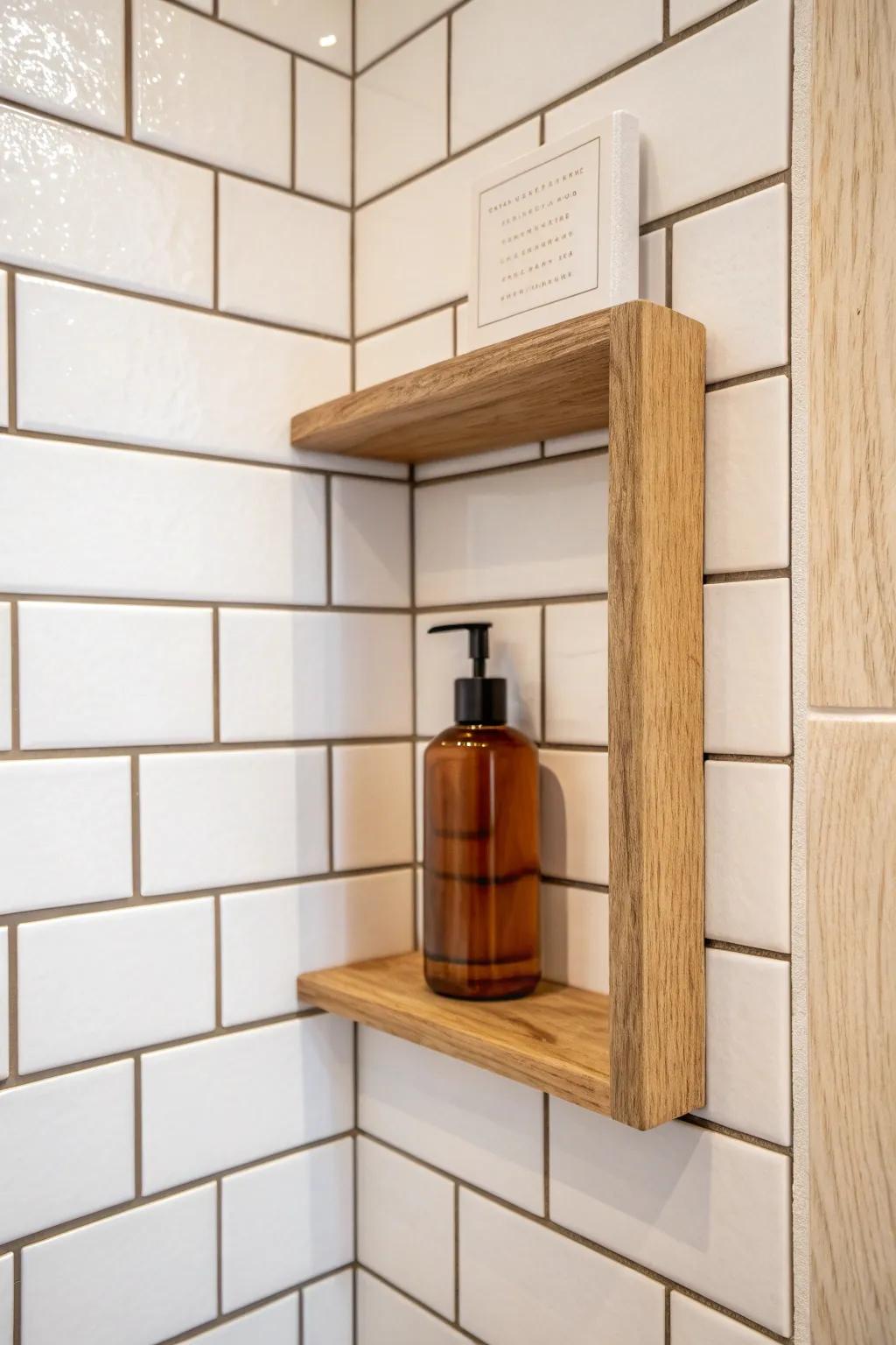 Align your corner shelf to grout lines for a polished, built-in shower look.