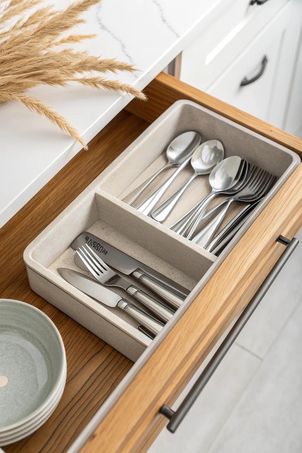 No organizer needed: a simple loaf pan turns a skinny drawer into sleek silverware storage.