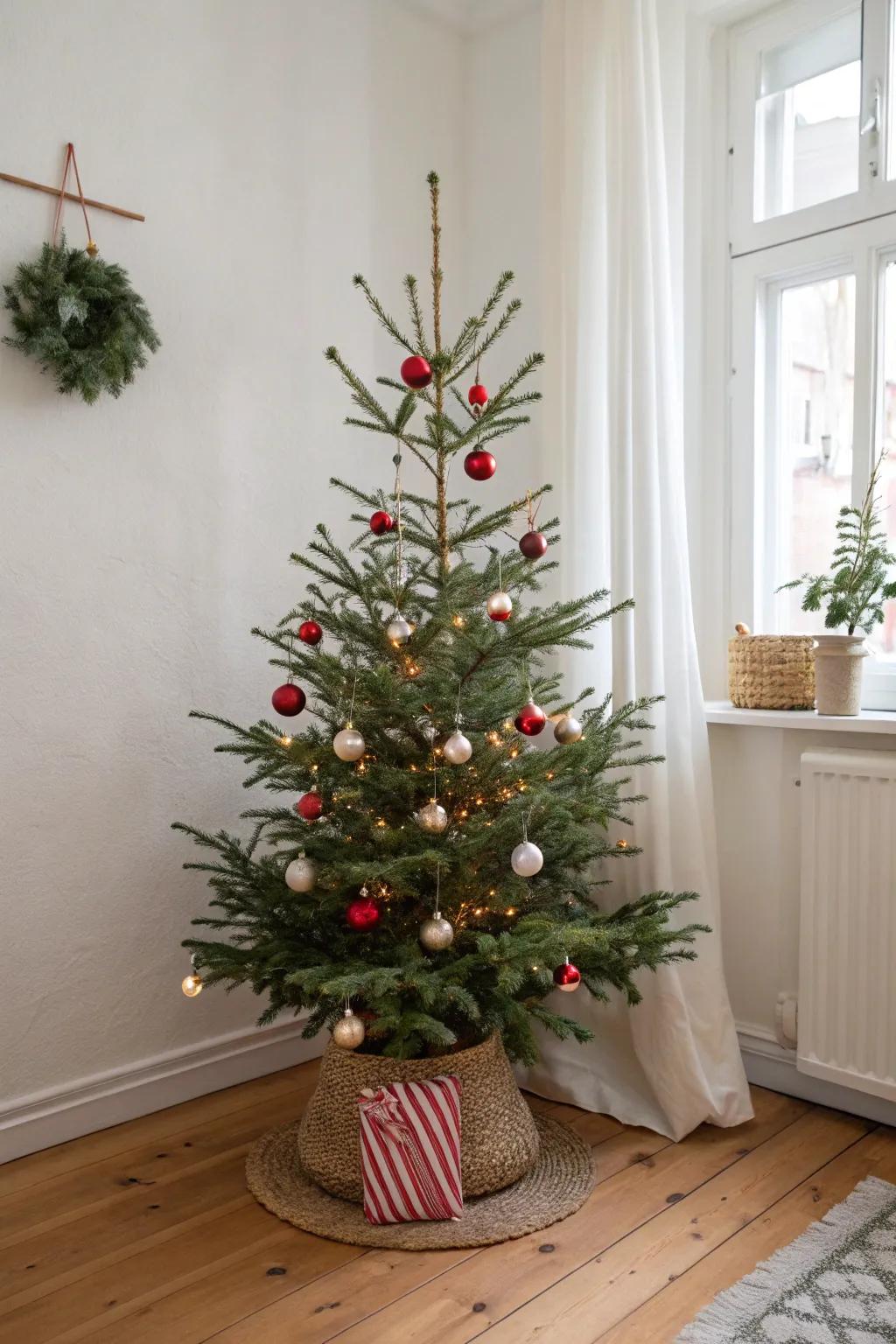 Candy-cane stripe ornament placement that makes a slim Christmas tree look bold and intentional.