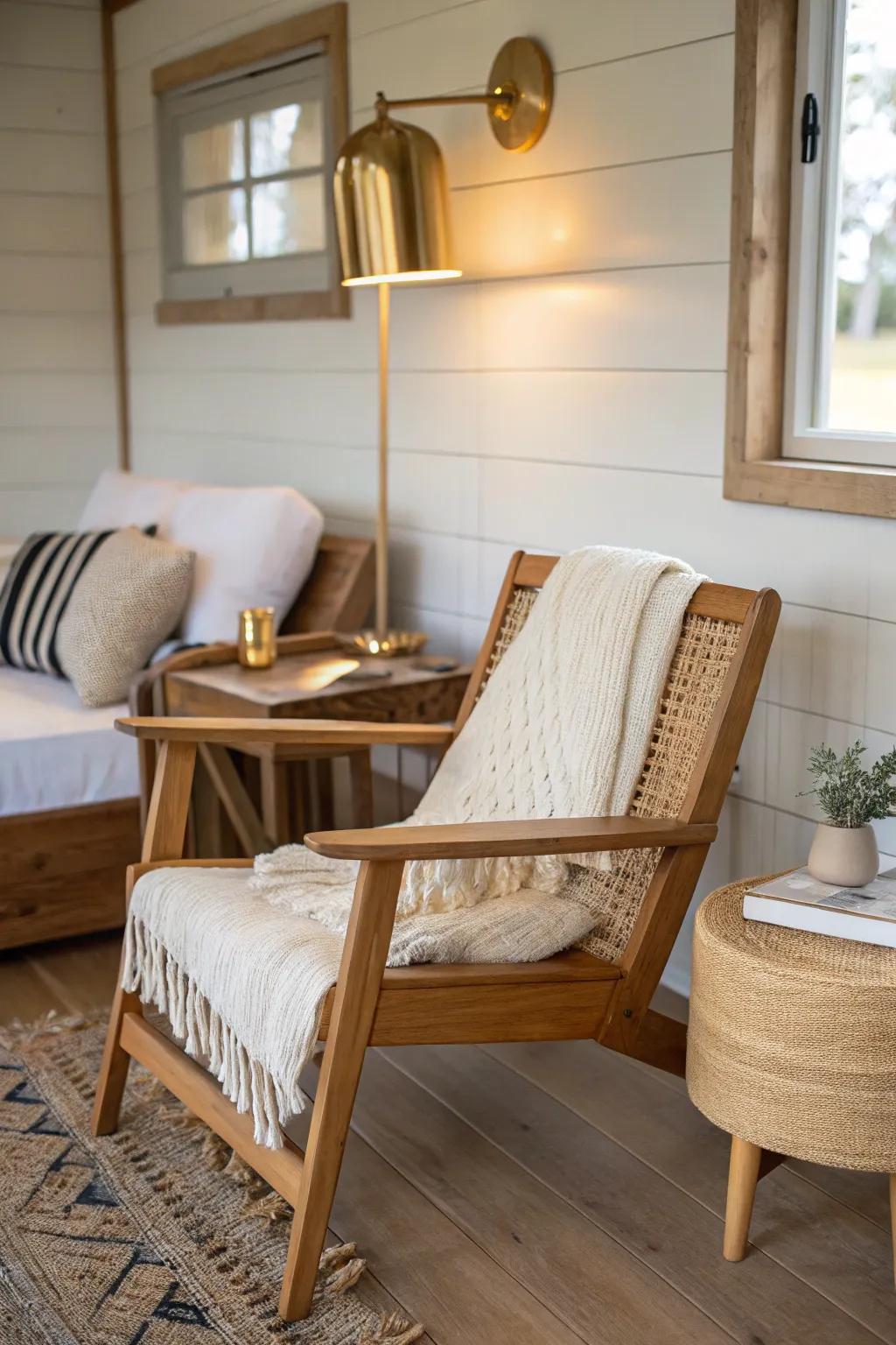 A cozy corner reading nook that makes a single wide living room feel like an extra room.