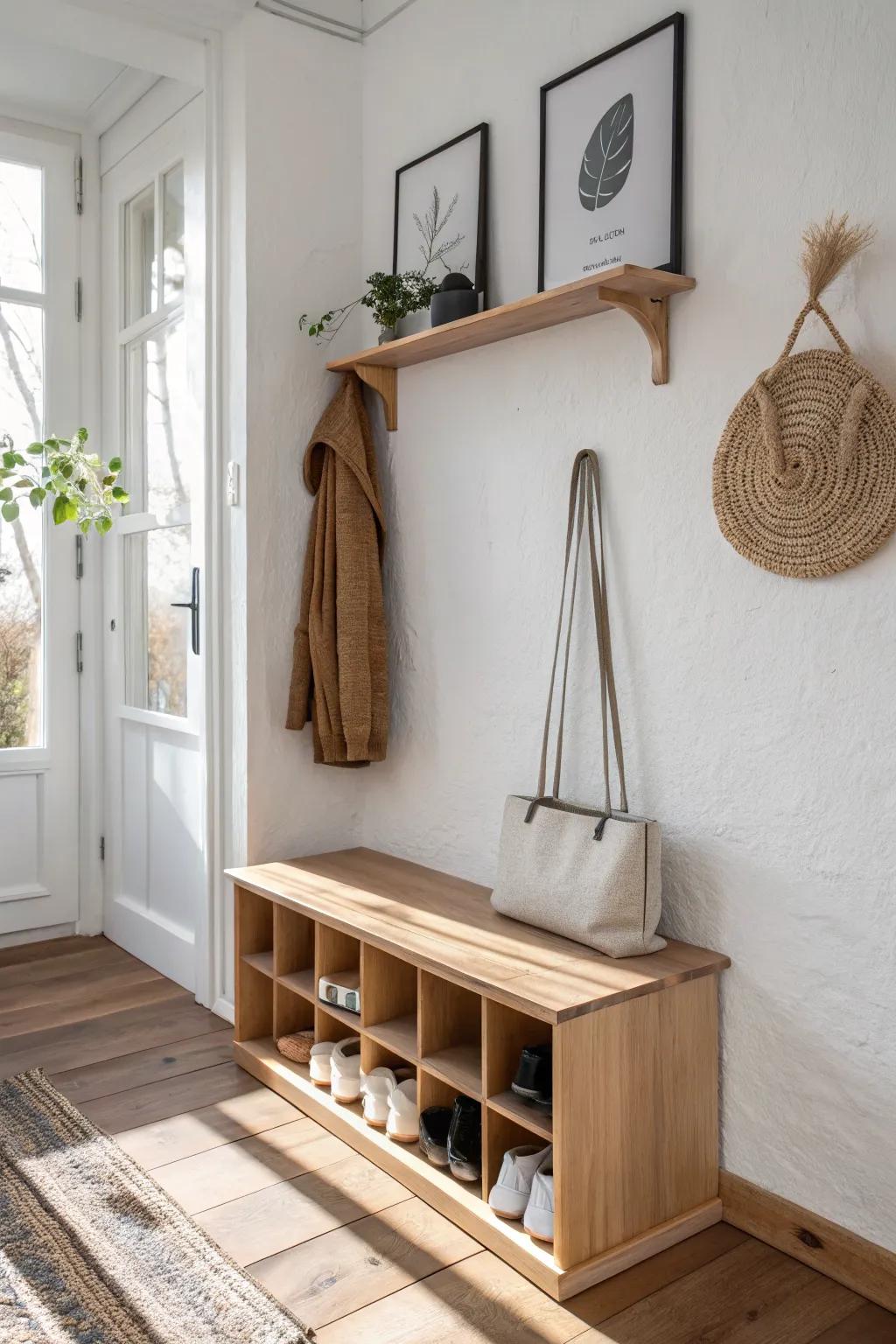 Fold-down bench with built-in ski boot slots—smart seating and storage for narrow entryways.