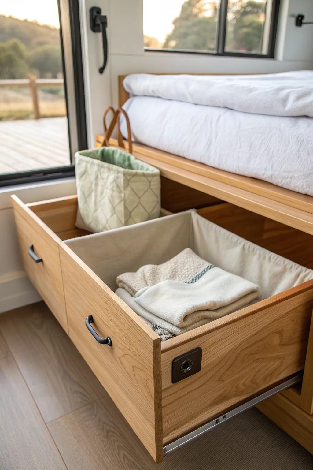 A hidden tilt-out laundry drawer under the bed—tidy, minimal, and perfect for skoolie life.