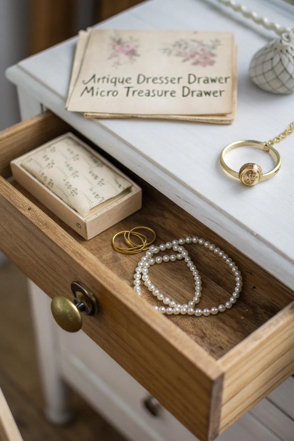 A slightly open drawer becomes a tiny treasure display—jewels, postcards, and vintage charm.