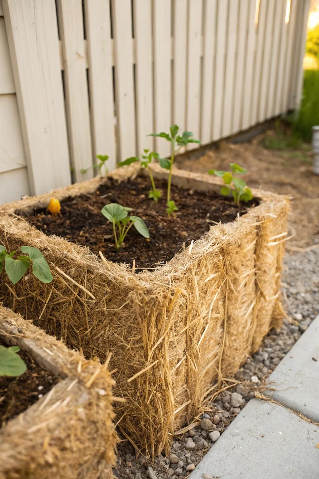 A single straw bale turns any corner into a tidy, no-dig mini veggie bed—instant charm.