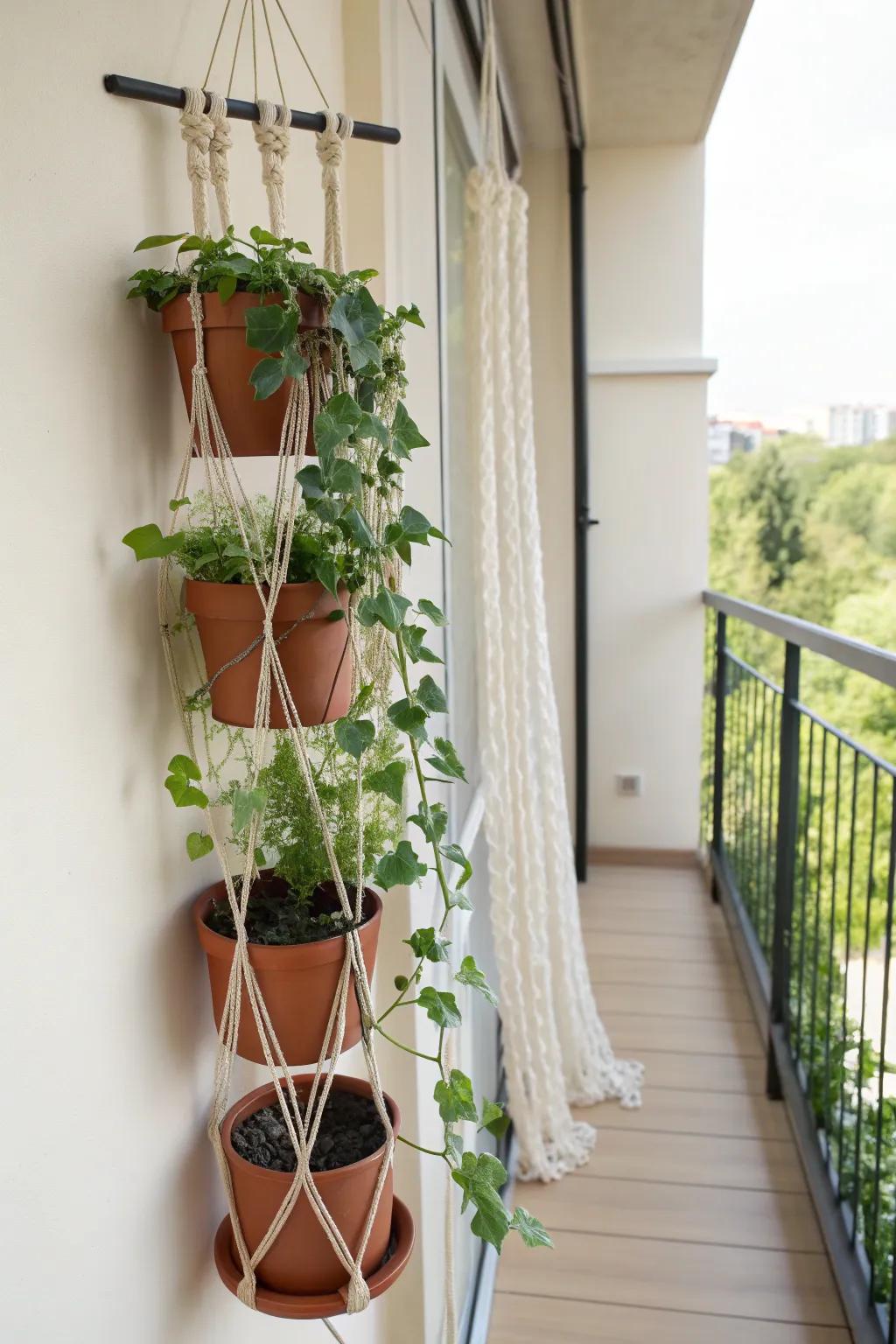 Budget balcony privacy: a DIY green curtain of hanging pots for a lush, cozy escape.