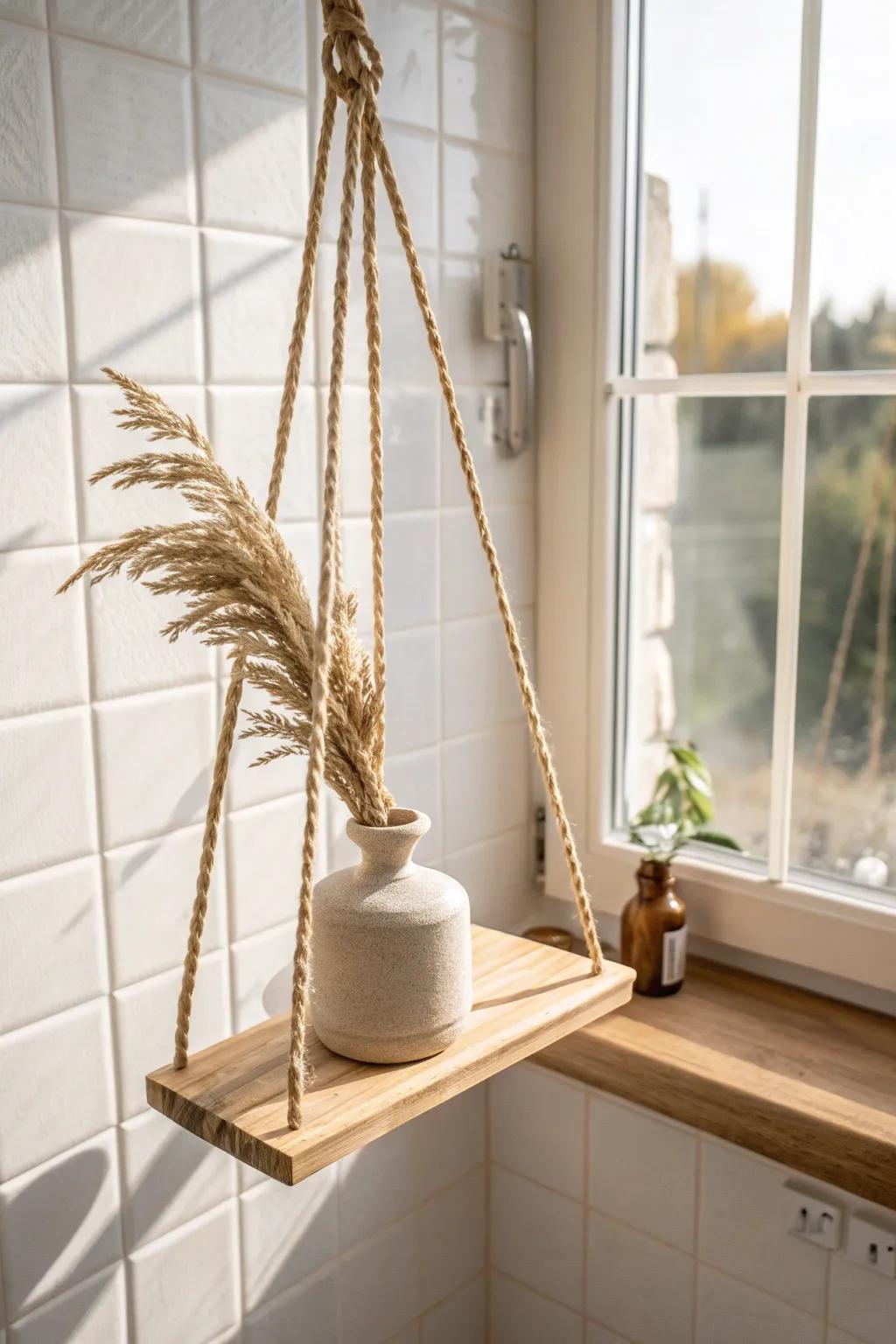 Ceiling-hung shelf by the window: airy storage that avoids drilling into tile.