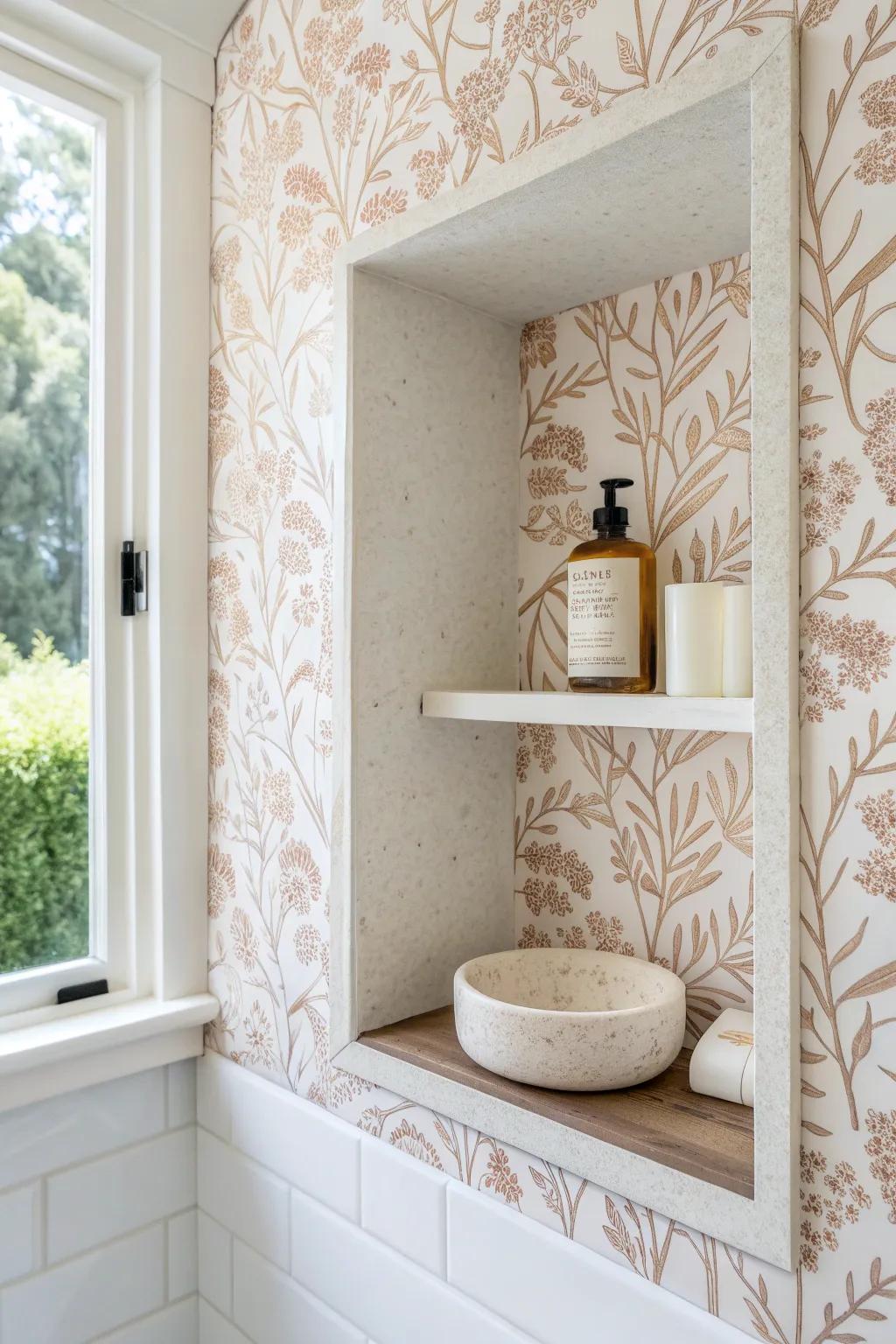 Wallpaper-lined niche: a tiny built-in shelf that turns everyday storage into a design moment.