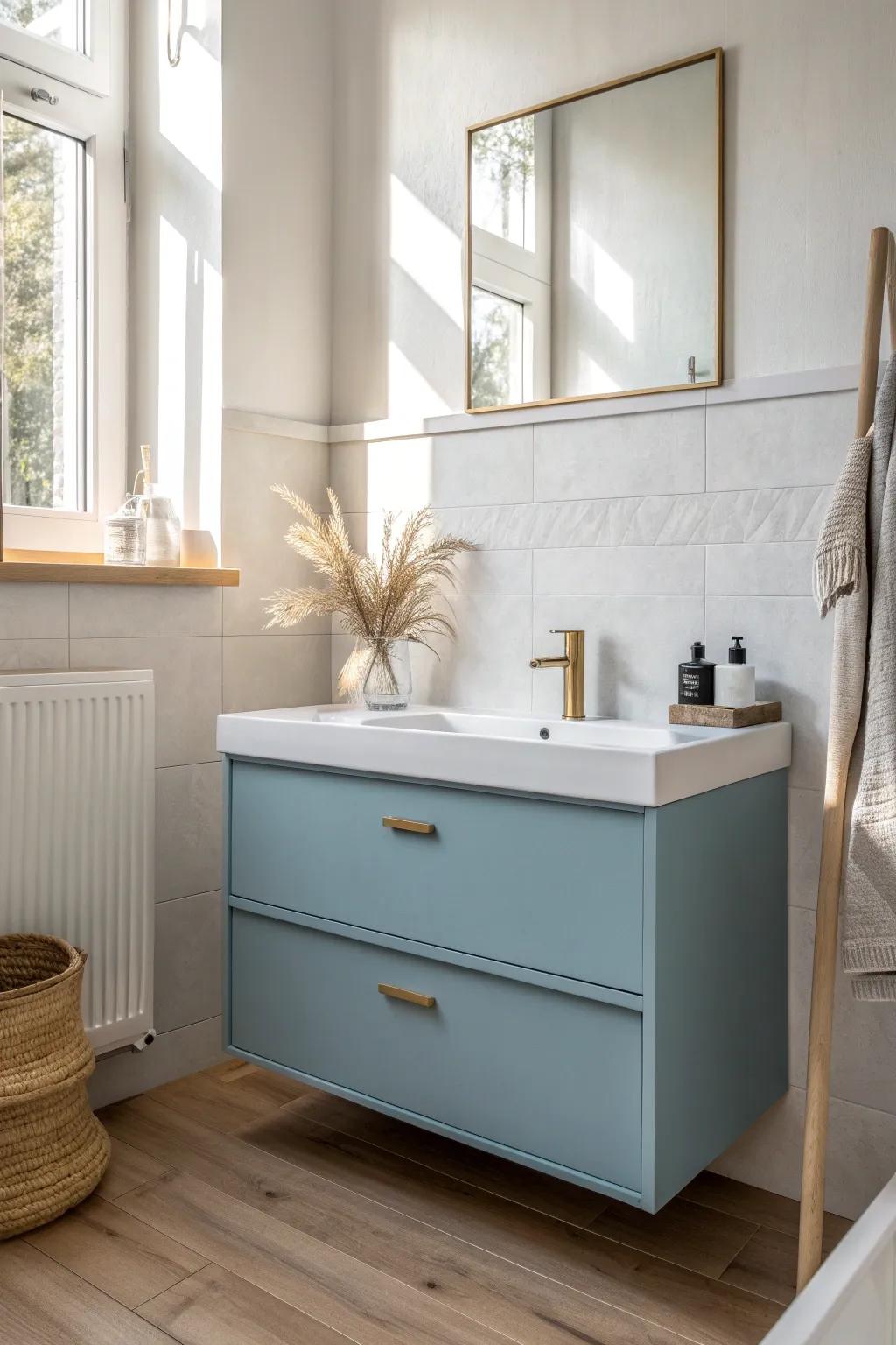 Two-tone half wall + dusty blue vanity: a designer look that keeps small bathrooms airy.