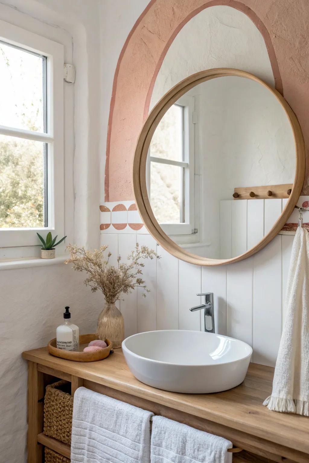 A soft painted half-arch behind the mirror adds custom style without stealing space.