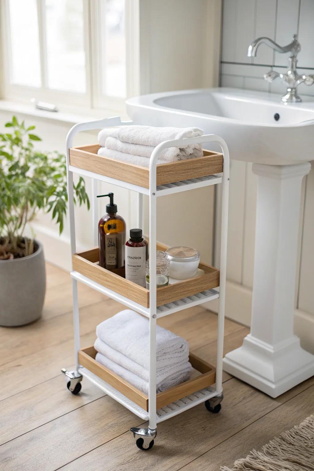 A slim rolling cart beside a pedestal sink adds storage you can roll away on cleaning day.