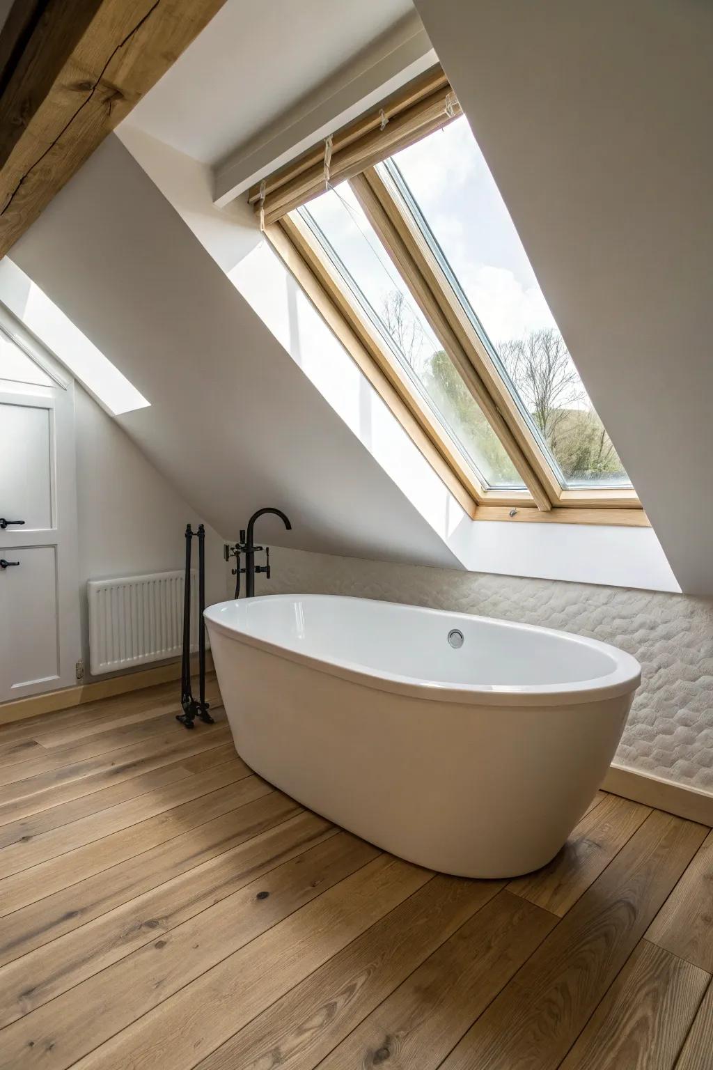 A snug attic soak: a minimalist tub tucked under the slope—instant hidden square footage.