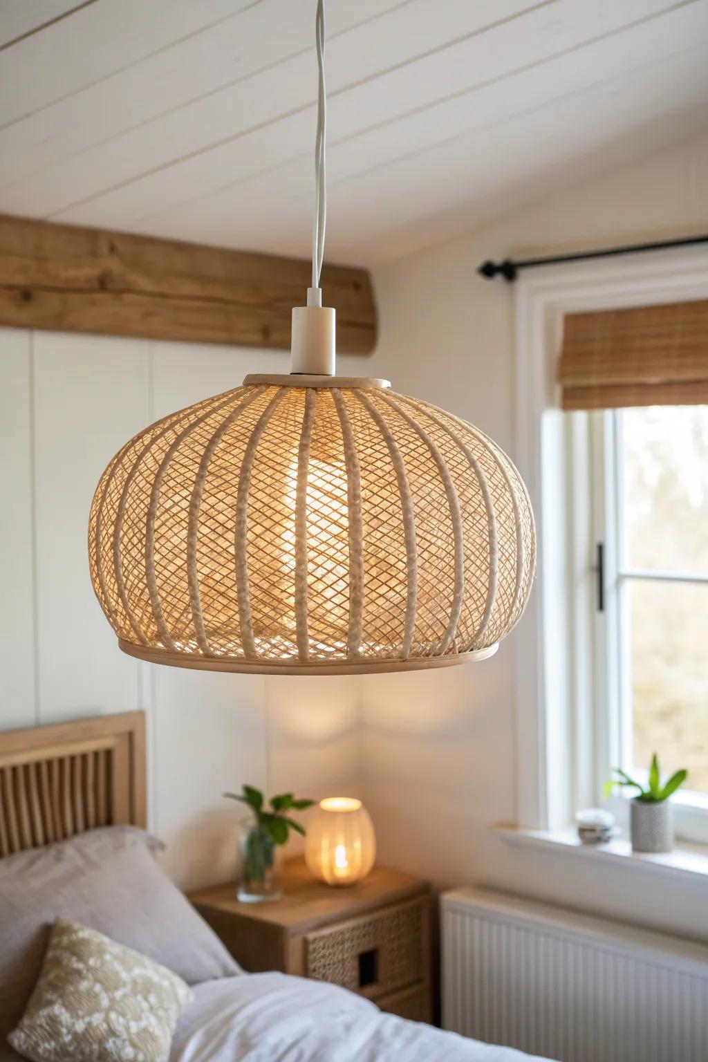 An airy lantern pendant adds a statement glow without weighing down a small bedroom.