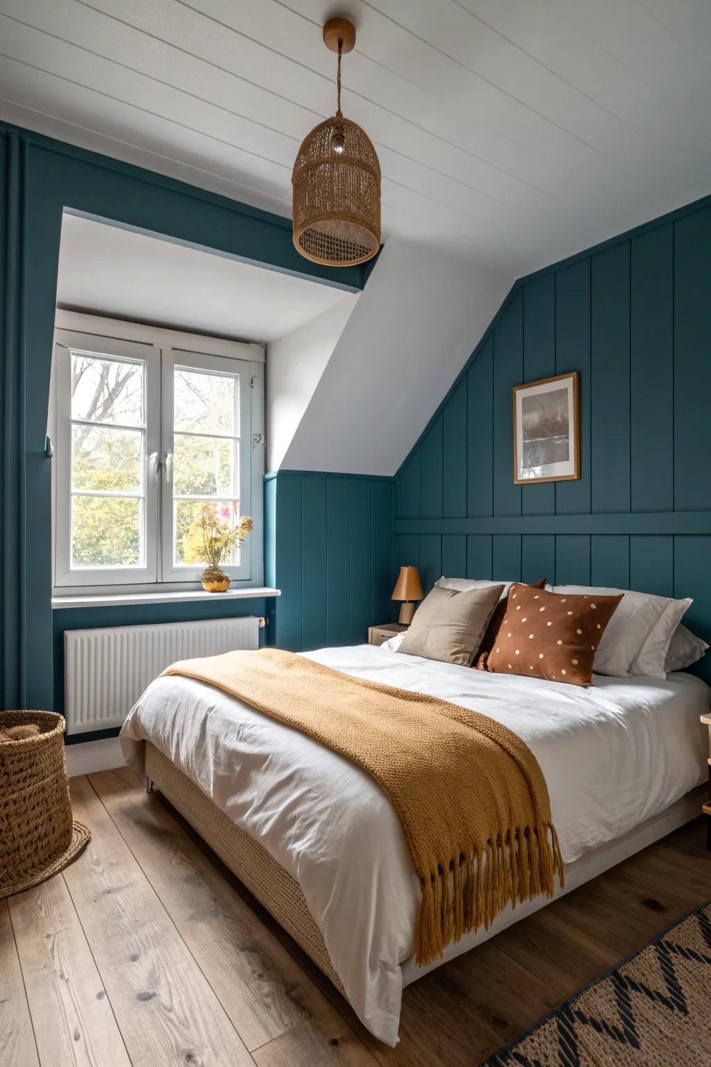 Color-drenching in a moody hue turns a tiny bedroom into a cozy little jewel box.