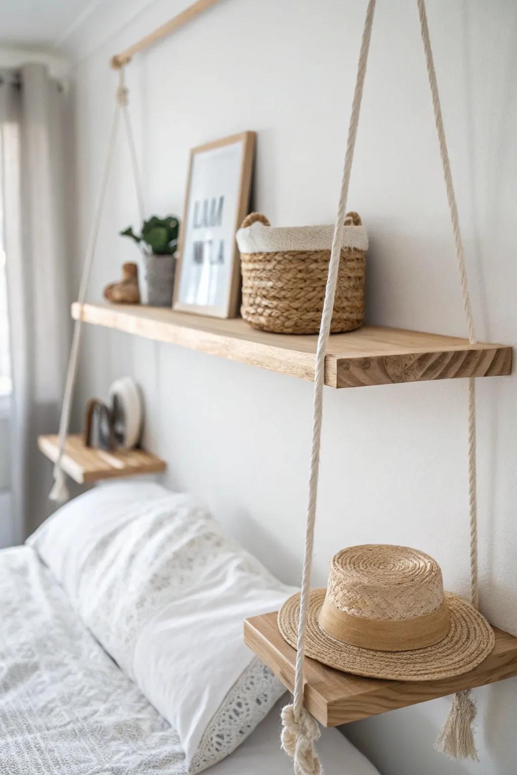 Use ceiling height: a floating shelf keeps seasonal pieces up high and your closet clear.