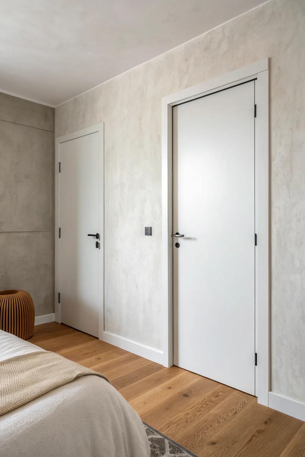 A flush wall panel hides a micro-closet—instant calm, zero clutter, boutique-bedroom vibe.