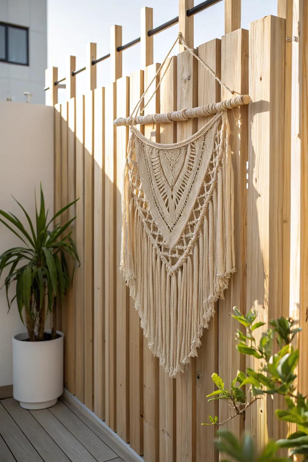 Renter-friendly boho texture: a woven wall piece that instantly warms up a plain patio fence.